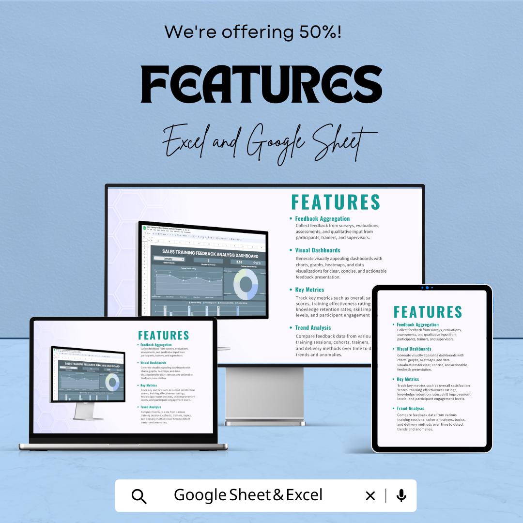 Sales Training Feedback Analysis Dashboard Template | Excel and Google Sheets | Performance Tracking & Training Insights