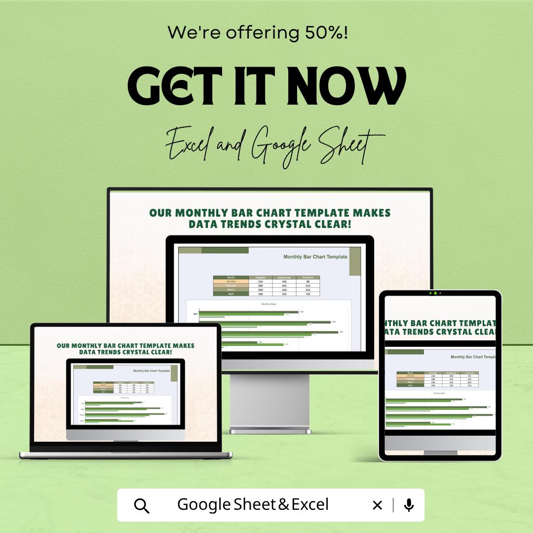Monthly Sales Tracker Excel Template | Bar Chart Dashboard Google Sheets | Monthly Report Spreadsheet | KPI Performance Tracker |