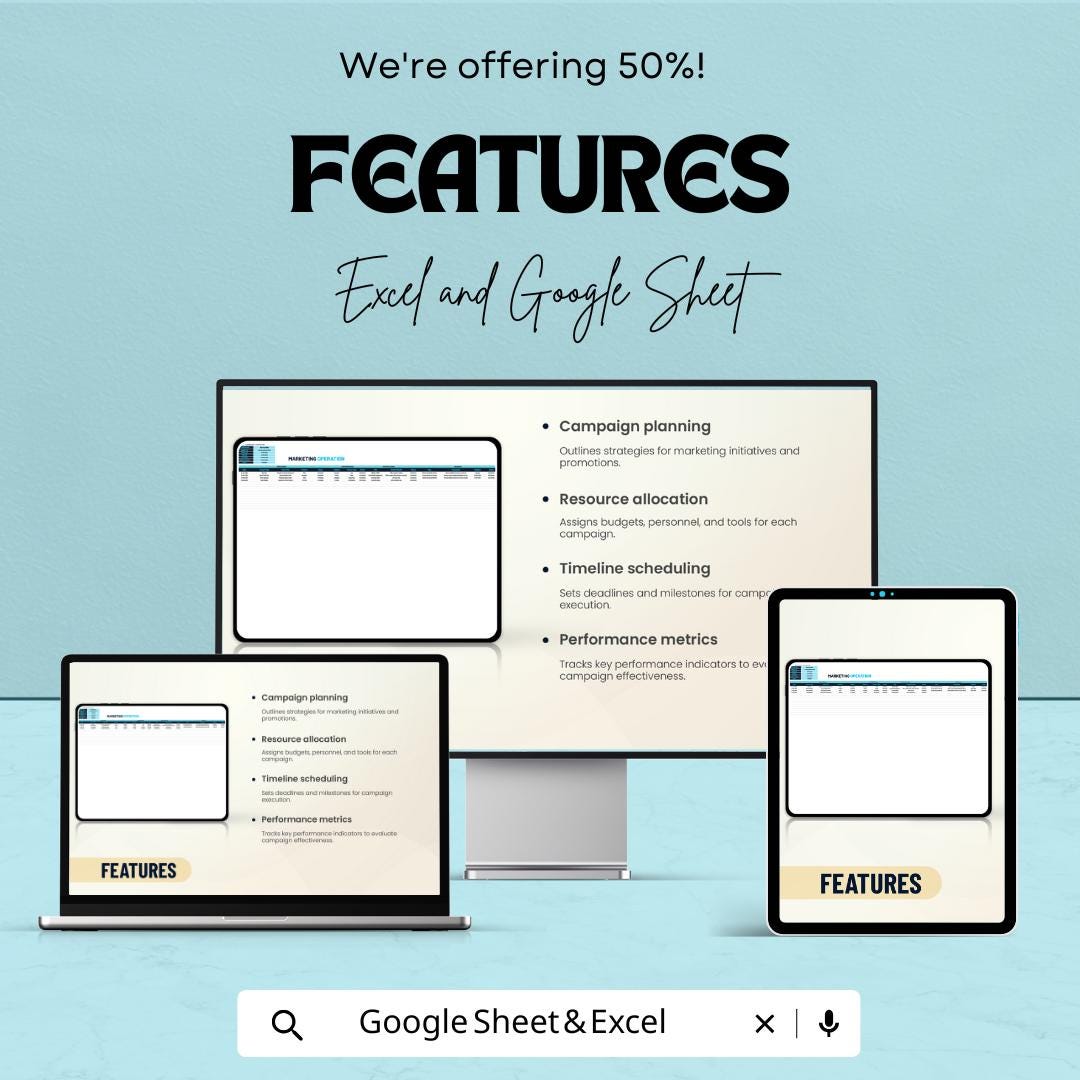 50% Off | Marketing Operation Sheet Template for Excel and Google Sheets | Campaign Planning, Resource Allocation, & Performance Metrics