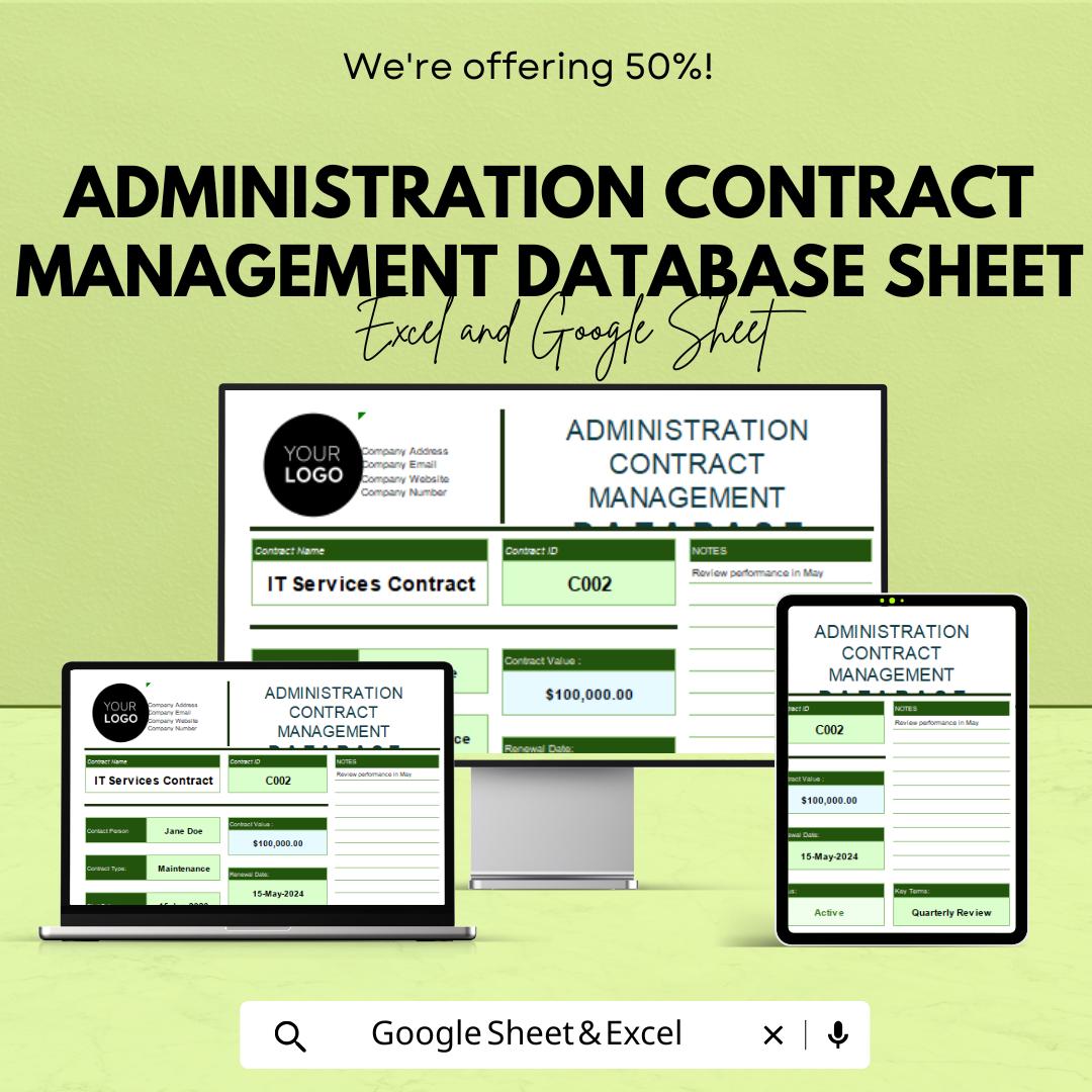 Administration Contract Management Database Sheet – Excel & Google Sheets – Contract Tracking, Renewal Reminders, and Compliance Tool