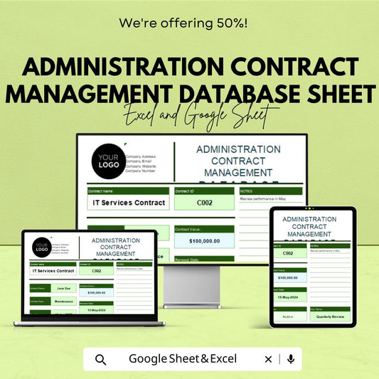 Administration Contract Management Database Sheet – Excel & Google Sheets – Contract Tracking, Renewal Reminders, and Compliance Tool