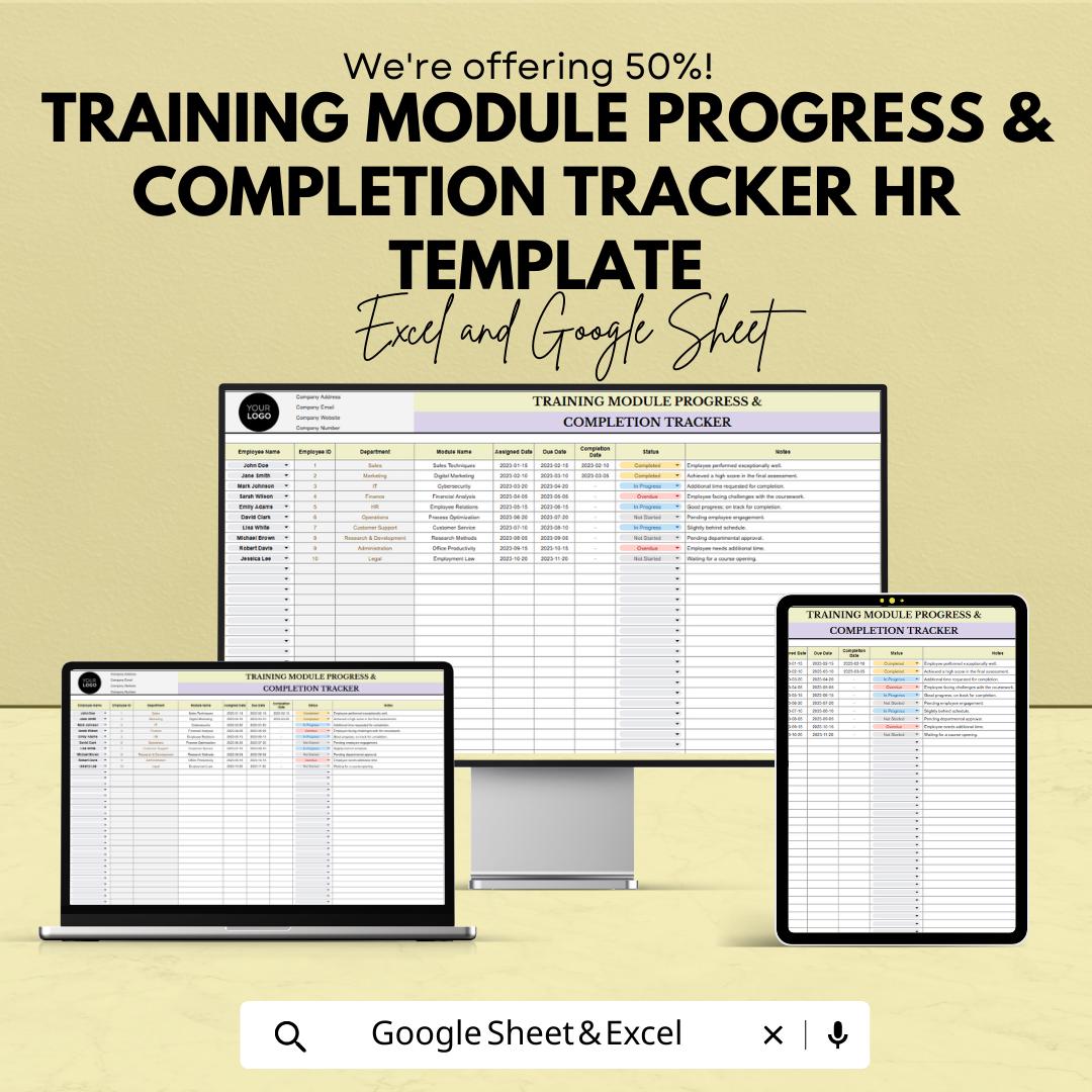 Training Tracker Template, HR Training Log, Employee Training Spreadsheet, Course Completion Tracker, Excel & Google Sheets HR Tool