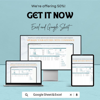 Countertop Replacement Budget Sheet | Kitchen Remodel Cost Tracker | Excel & Google Sheets | Renovation Estimate Template