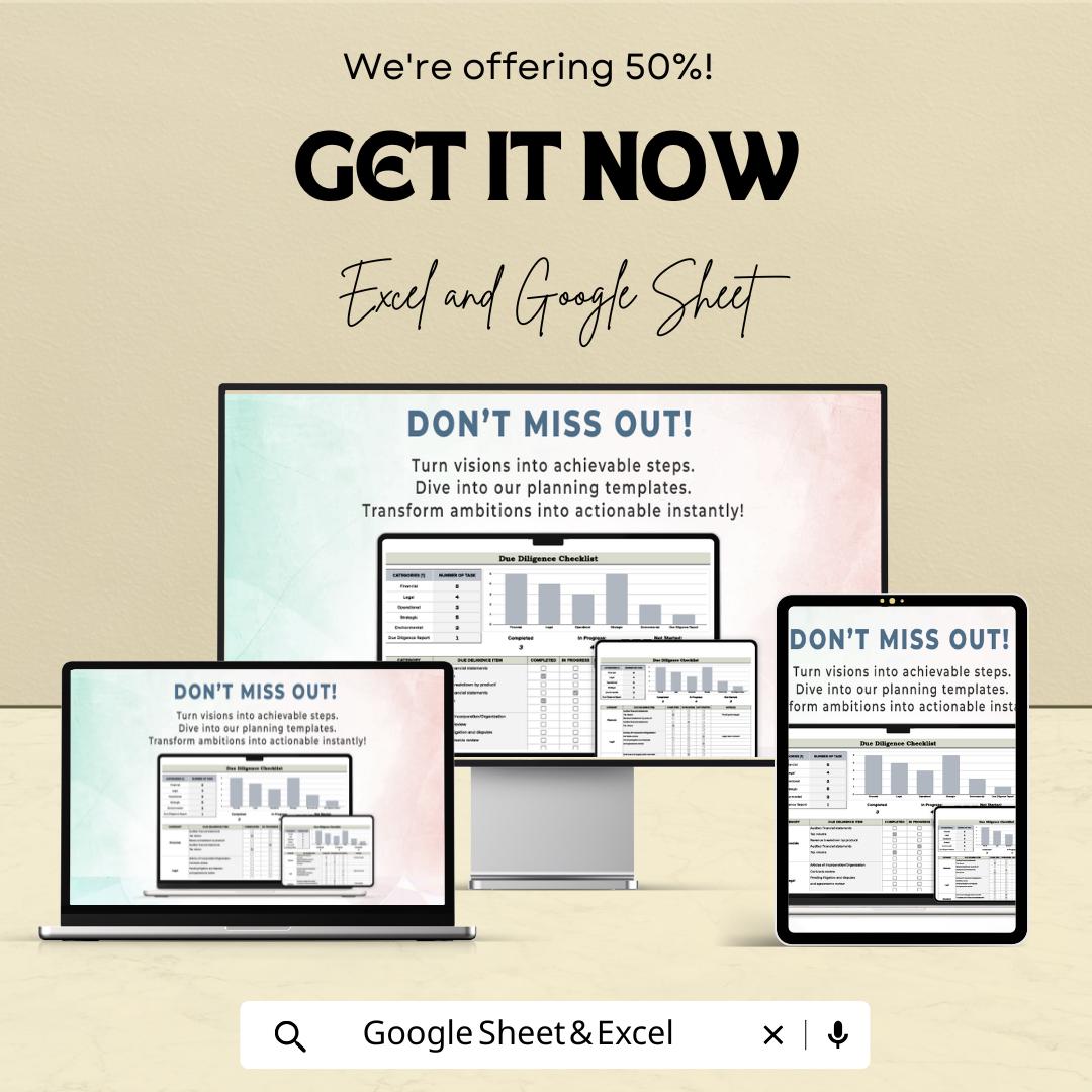 Due Diligence Checklist Template for Excel & Google Sheets - Business Task Management, Easy Tracking, Due Diligence Audit
