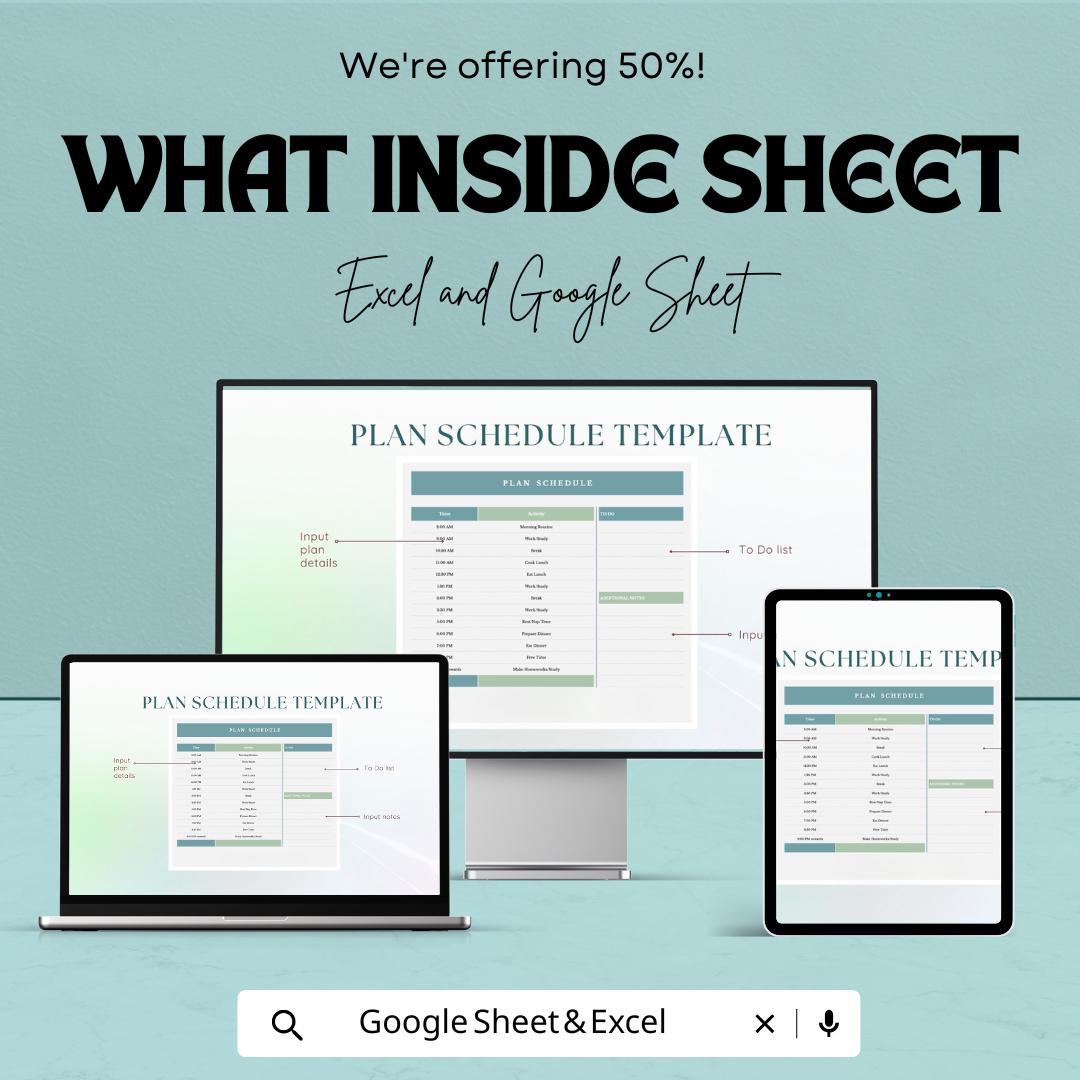 50% Off - Plan Schedule Sheet for Google Sheets | Daily Time Planner Template | Organize Your Day | Task Management | Printable Schedule