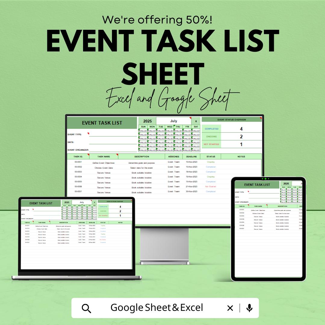 Event Task List Sheet - Organized Excel & Google Sheet Template for Event Planning and Task Management