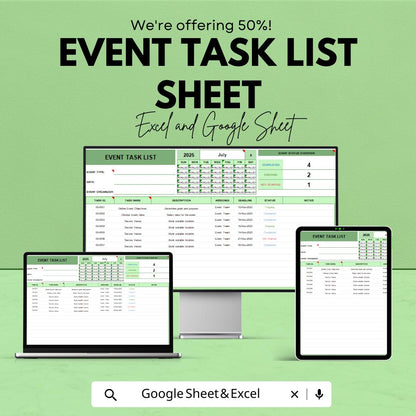 Event Task List Sheet - Organized Excel & Google Sheet Template for Event Planning and Task Management