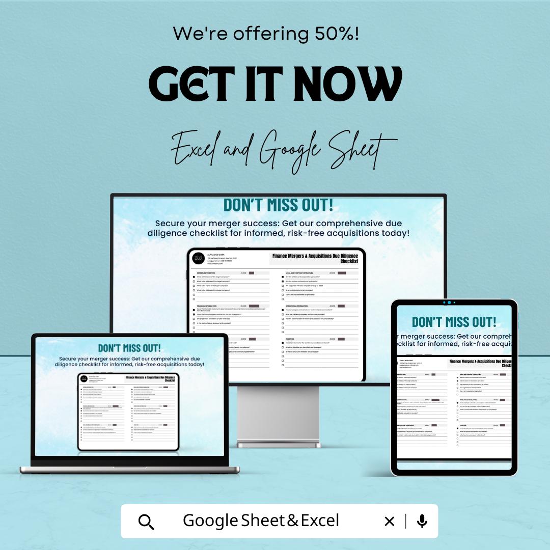 Finance Mergers & Acquisitions Due Diligence Checklist | MandA Due Diligence Template | Excel and Google Sheets | Business Acquisition Tool