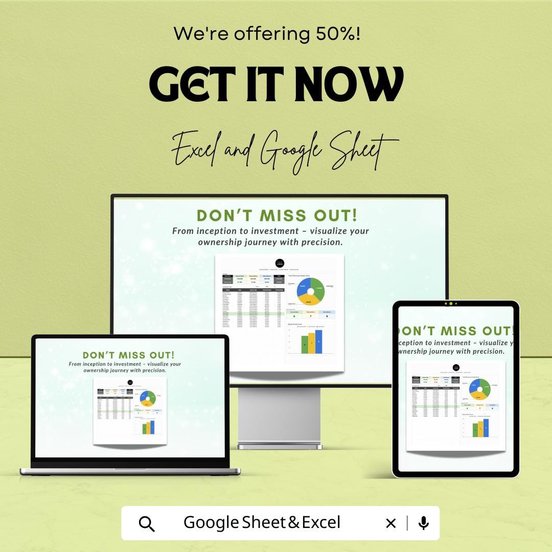 Startup Capitalization Table Template | Excel & Google Sheets | Cap Table Spreadsheet | Equity Ownership Tracker | Investor Shares Tool