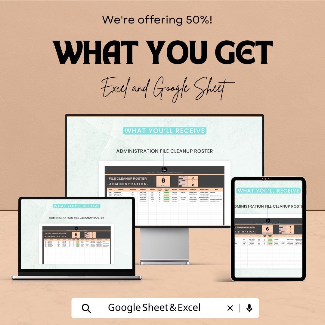 Administration File Cleanup Roster Template | File Management Tracker | Office Organization Spreadsheet | Document Cleanup Log