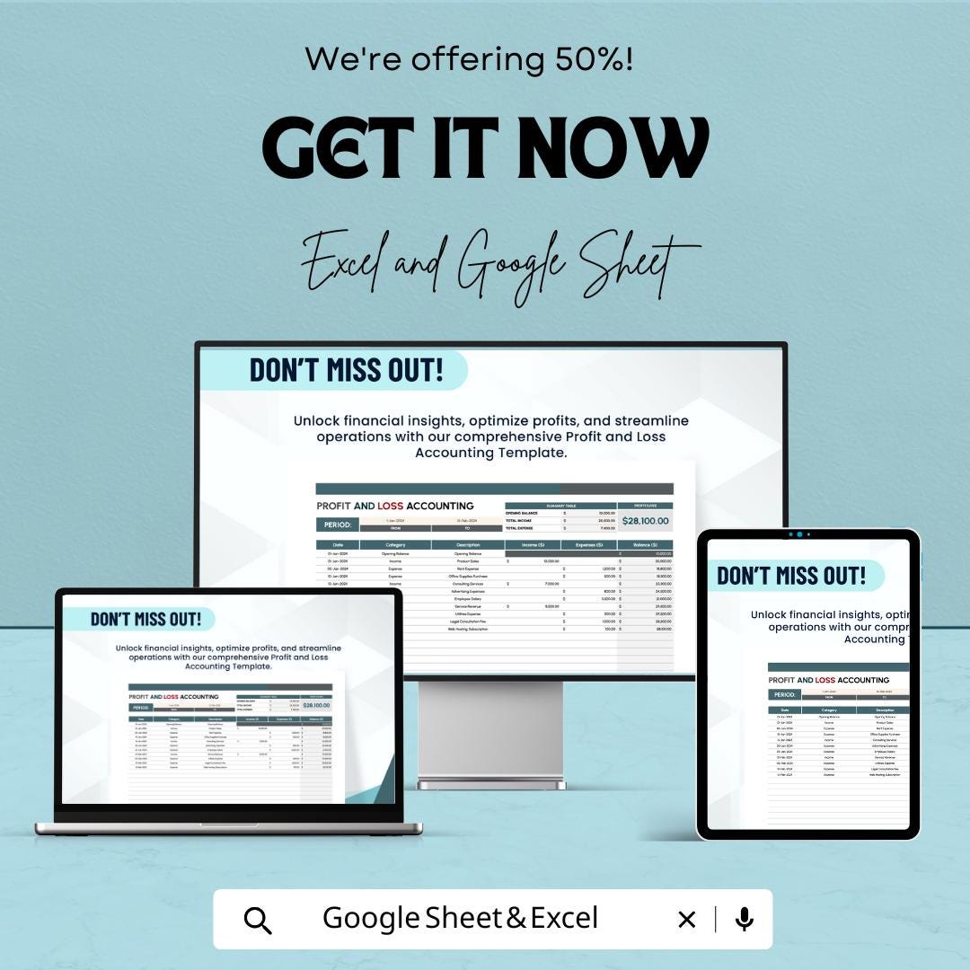 Profit and Loss Accounting Template | Excel and Google Sheets P&L Statement | Income and Expense Tracker | Business Profit Loss Report