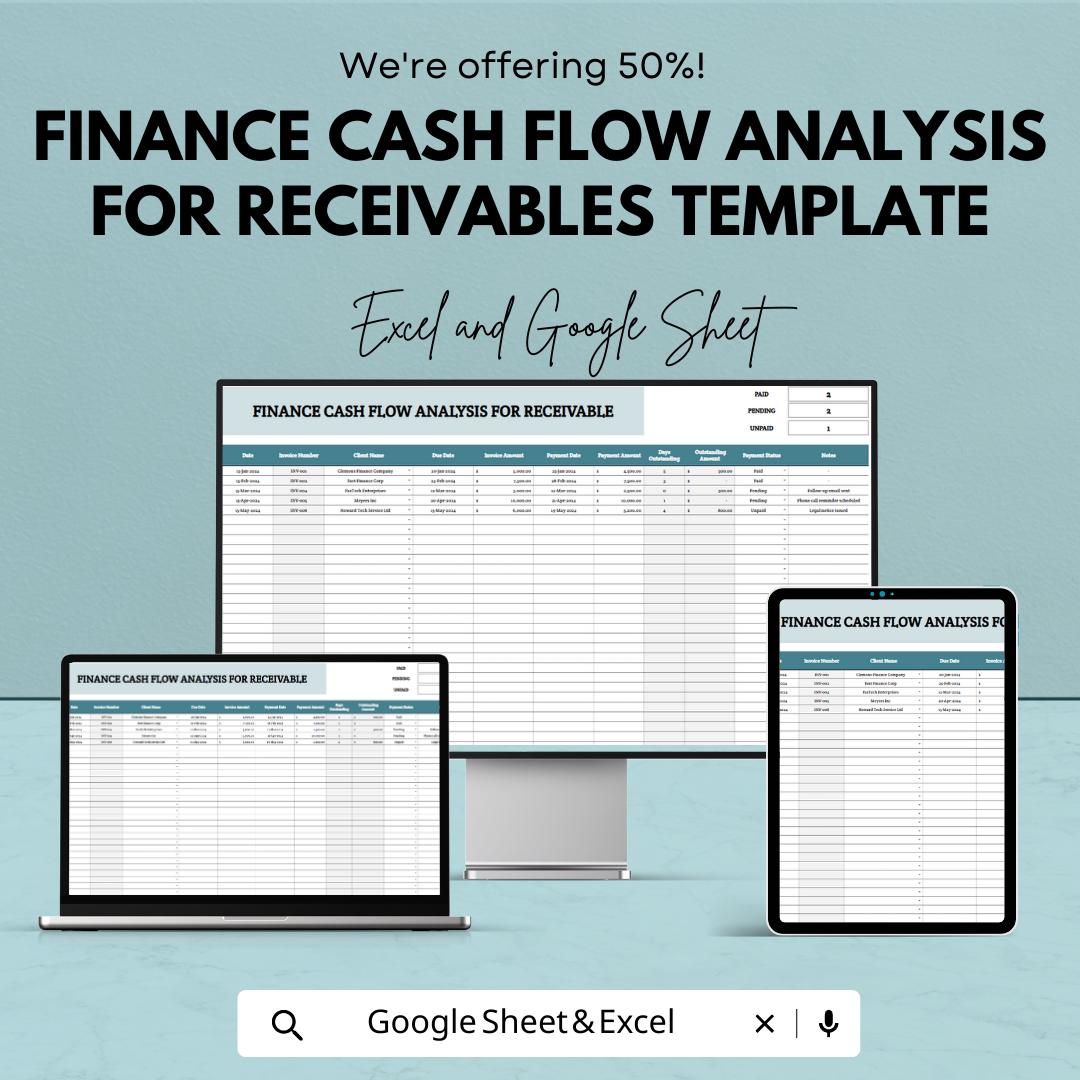 Finance Cash Flow Analysis for Receivables Template,  Accounts Receivable Tracker, Invoice Payment Log, Business Finance Spreadsheet