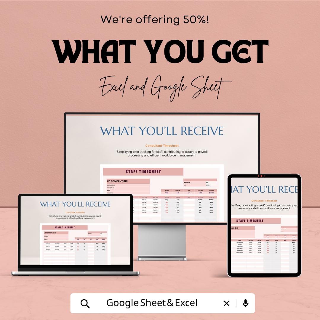 Staff Timesheet Template | Employee Timesheet Spreadsheet | Payroll Time Tracker Template | Work Hours Log Sheet