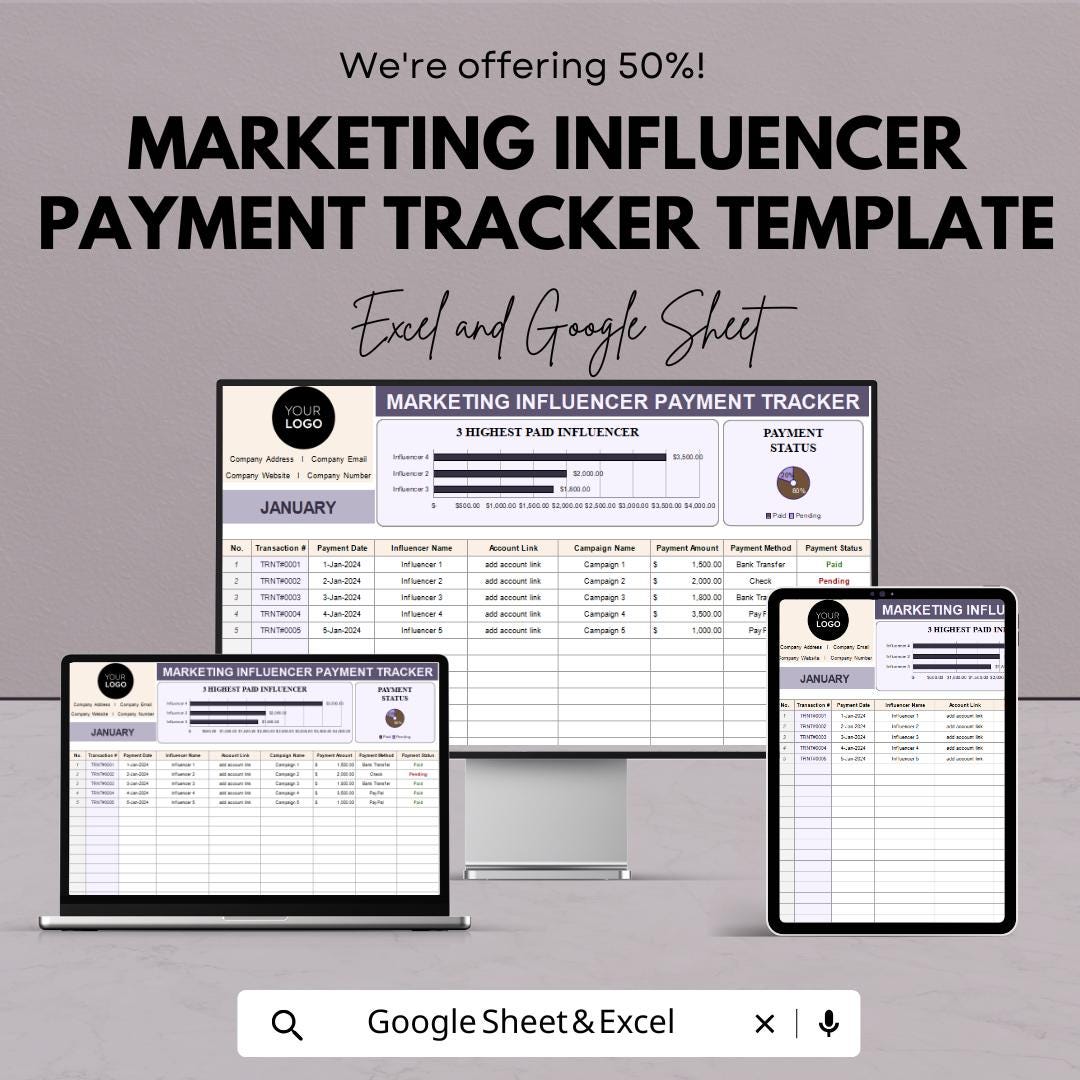 Influencer Payment Tracker Template | Marketing Payment Log Spreadsheet | Influencer Finance Tracker | Payment Status & Management Tool
