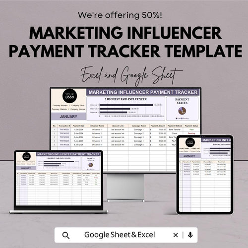 Influencer Payment Tracker Template | Marketing Payment Log Spreadsheet | Influencer Finance Tracker | Payment Status & Management Tool