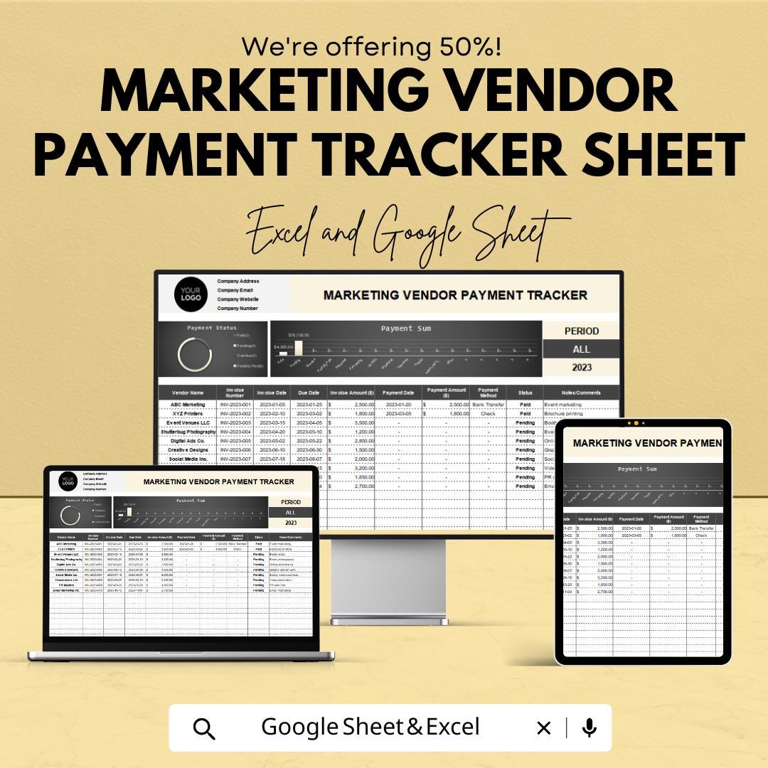 Marketing Vendor Payment Tracker | Google Sheets and Excel Template | Event Vendor Budget & Invoice Organizer