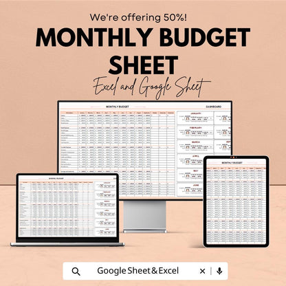 Monthly Budget Sheet - Excel & Google Sheet Template for Personal Finance, Expense Tracker, Budget Planner, Financial Management Tool