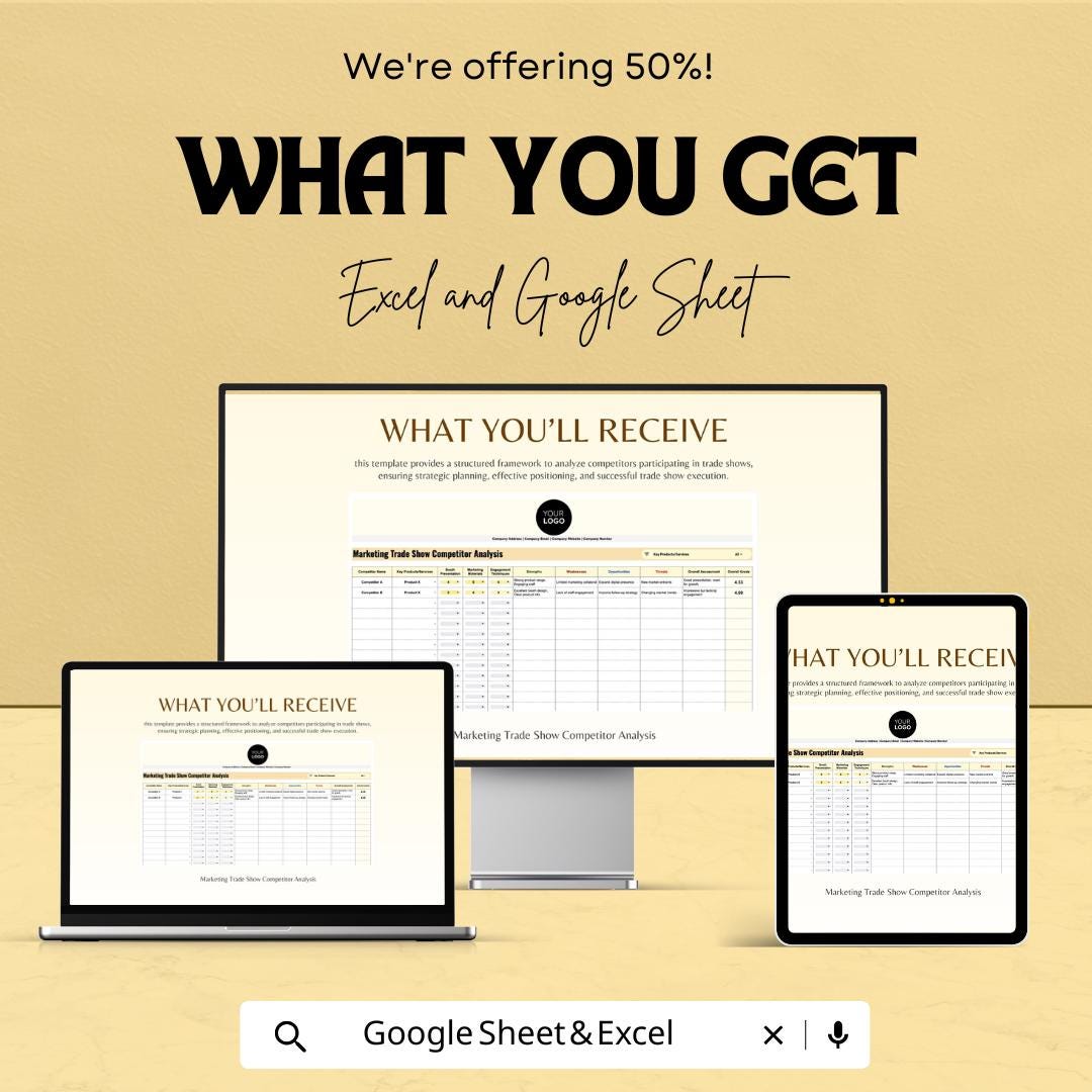 Marketing Trade Show Competitor Analysis Sheet | Excel & Google Sheets Template | 50% Off | Trade Show Analysis | Competitor Research Tool