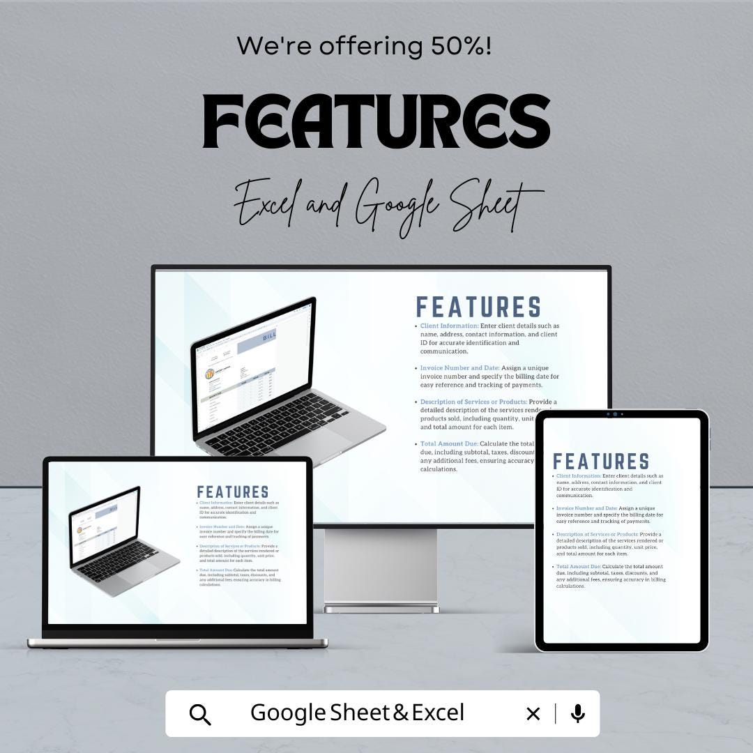 50% Off | Customizable Bill Sheet Template for Excel & Google Sheets | Invoice Template | Professional Bill Format for Business