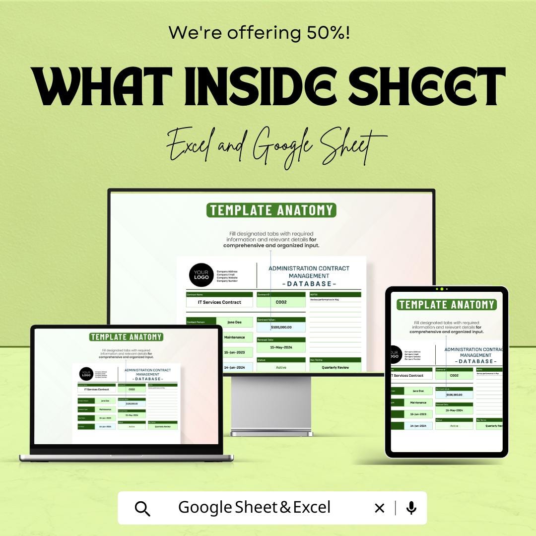 Administration Contract Management Database Sheet – Excel & Google Sheets – Contract Tracking, Renewal Reminders, and Compliance Tool