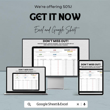 Sales Client Churn Rate Calculator Template | Excel & Google Sheets | Customer Churn Analysis Spreadsheet | Retention Tracker