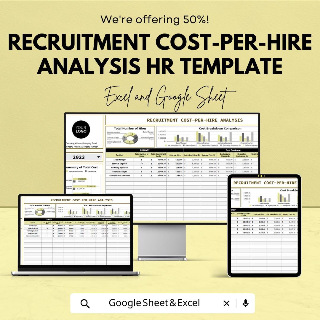Recruitment Cost-per-Hire Analysis HR Template | Excel and Google Sheets | Hiring Cost Tracker | HR Budget & Recruitment Analysis