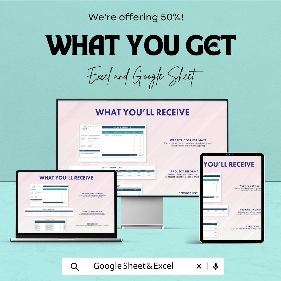 Website Cost Estimate Template | Excel Project Budget Spreadsheet | Google Sheets Website Quote Calculator | Web Design Proposal Template |