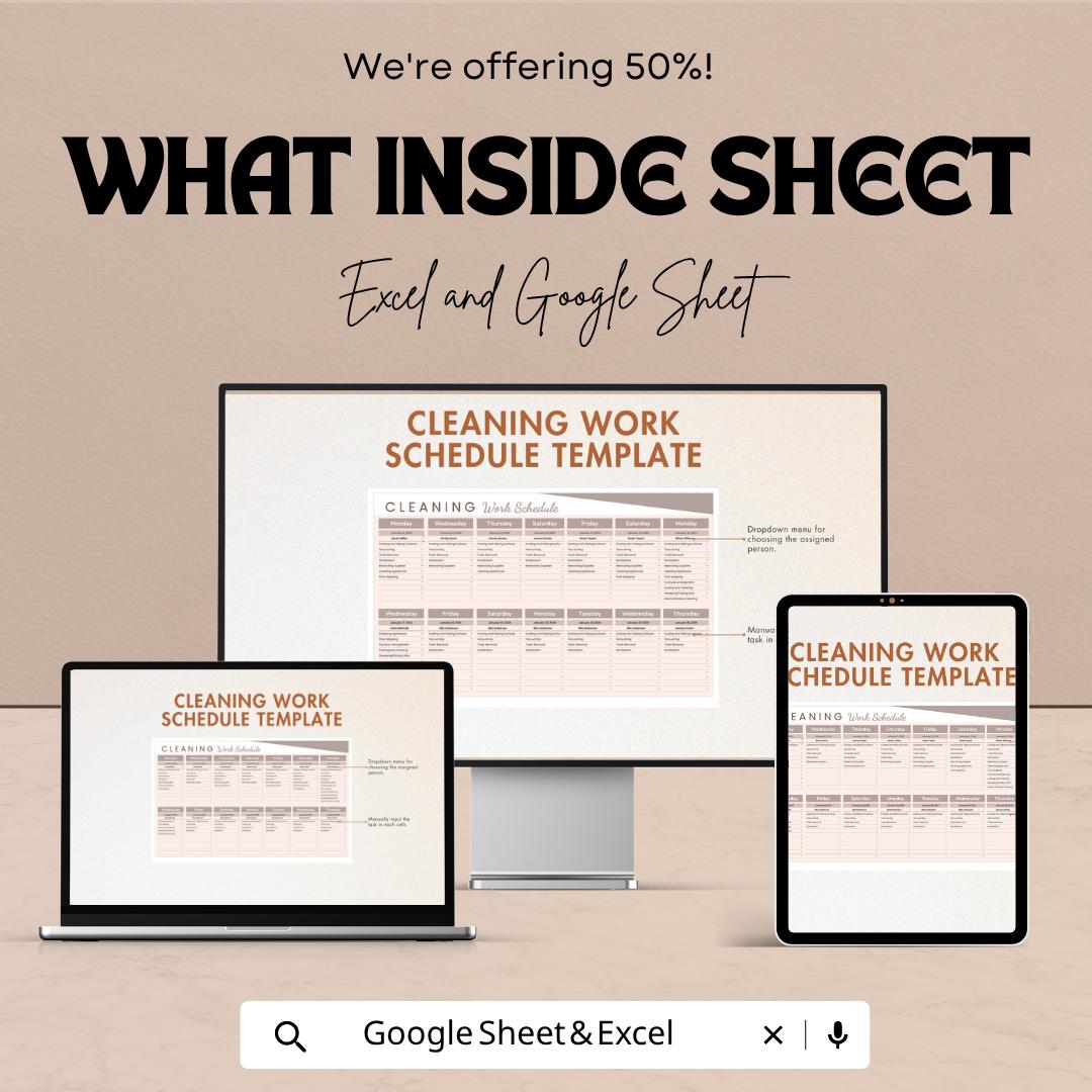 Cleaning Work Schedule Template | Cleaning Planner Spreadsheet | Staff Cleaning Schedule | Cleaning Checklist Template