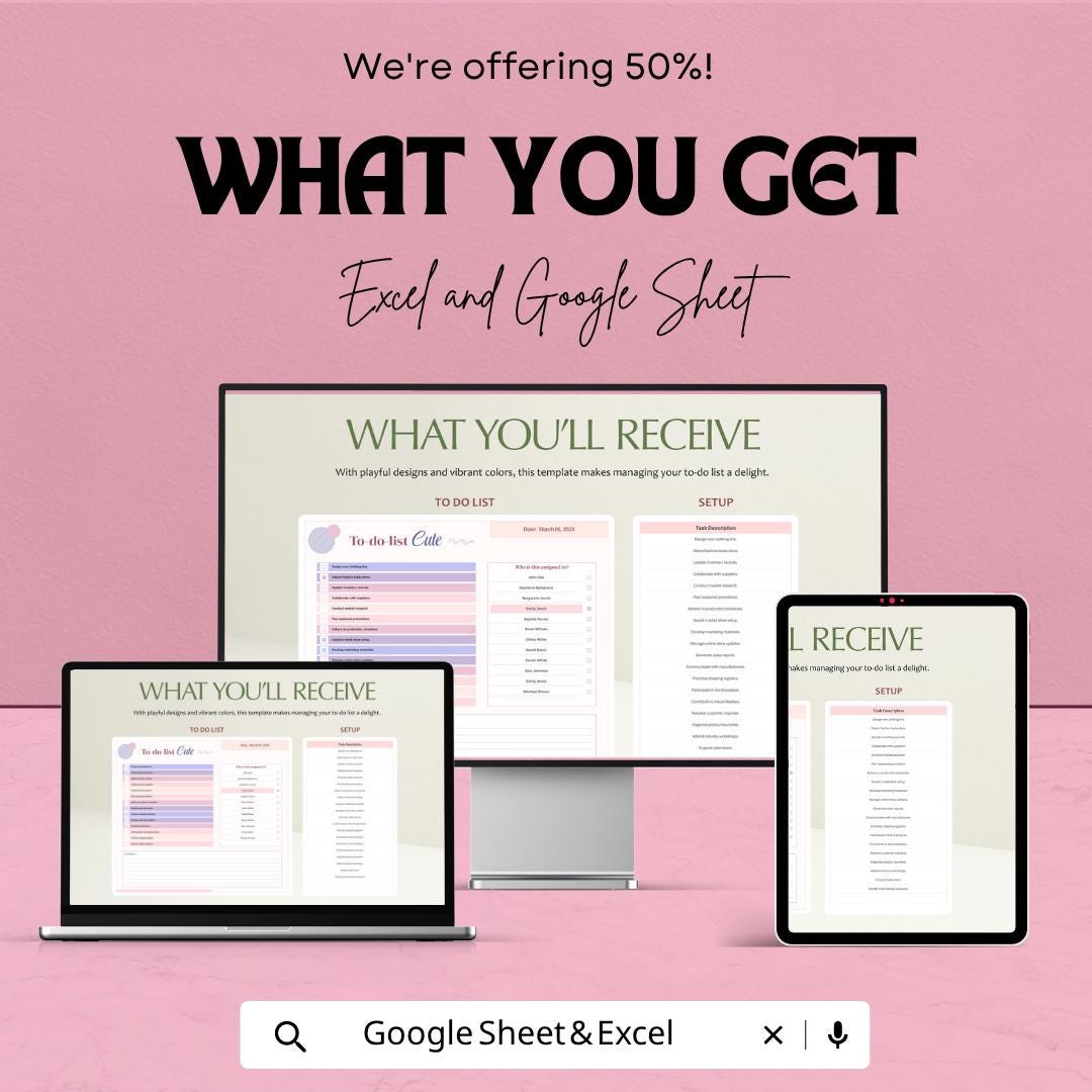 Cute To Do List Template | Daily Task Planner Spreadsheet | Productivity Checklist Organizer | Excel & Google Sheets | Printable Task