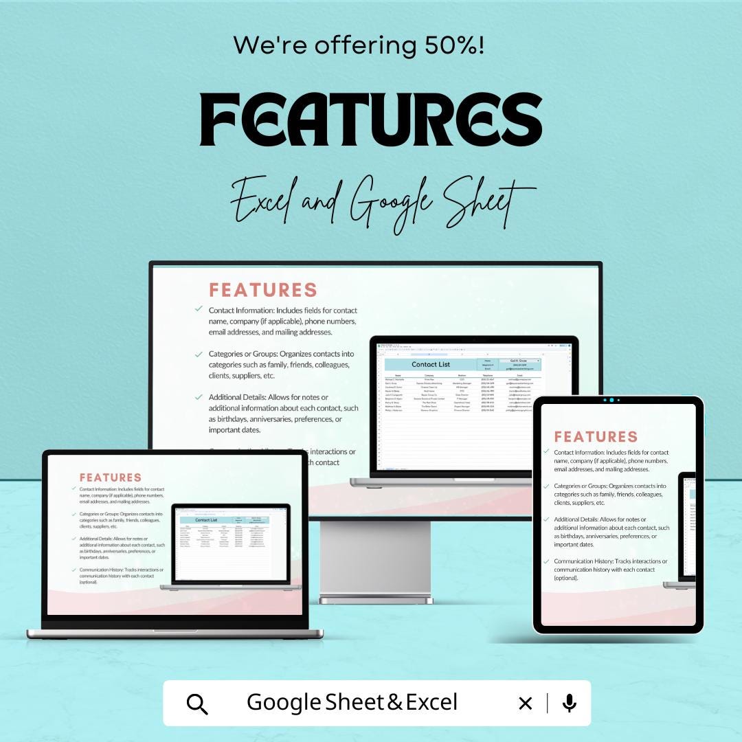 Contact List Template | Google Sheet & Excel Contact Management Sheet | Professional Contact List | Editable Contact Organizer