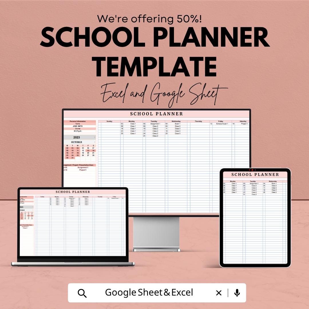 School Planner Template Excel and Google Sheets | Student Planner Spreadsheet | Weekly Class Schedule & Assignment Tracker |