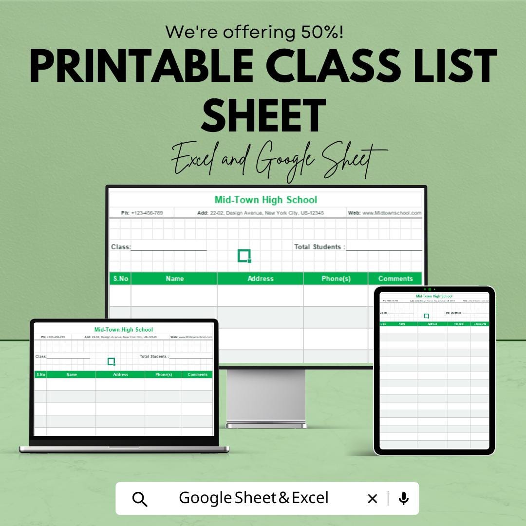 Printable Class List Sheet | Editable Excel & Google Sheets Template | Customizable Student List for Teachers | Instant Download