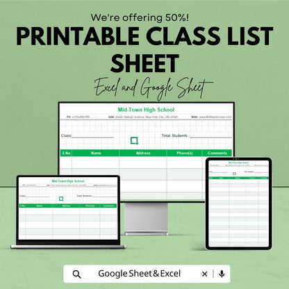 Printable Class List Sheet | Editable Excel & Google Sheets Template | Customizable Student List for Teachers | Instant Download