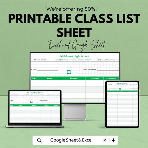 Printable Class List Sheet | Editable Excel & Google Sheets Template | Customizable Student List for Teachers | Instant Download
