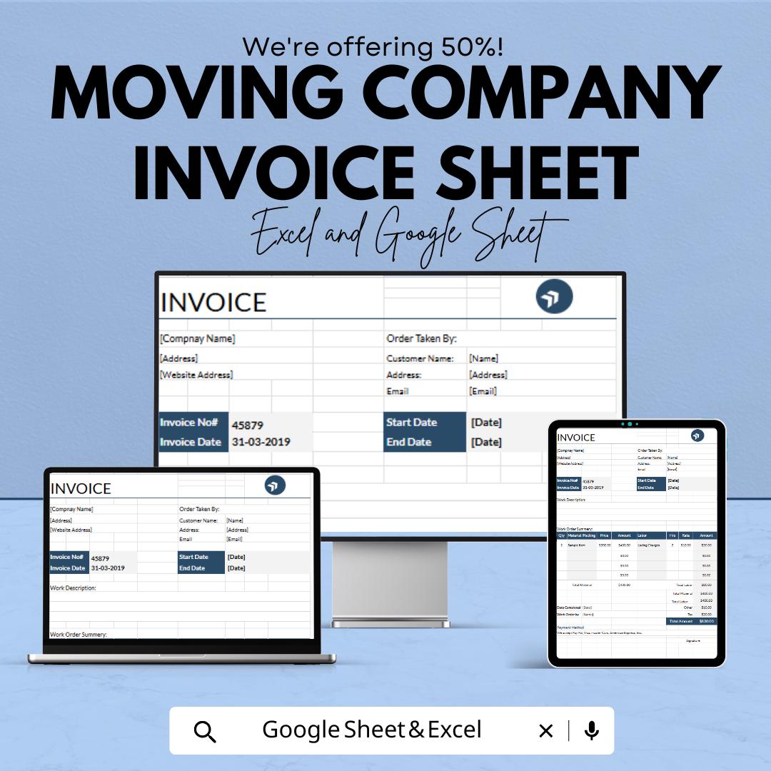 Moving Company Invoice Sheet | Excel & Google Sheets Template | Customizable Invoice for Moving Services