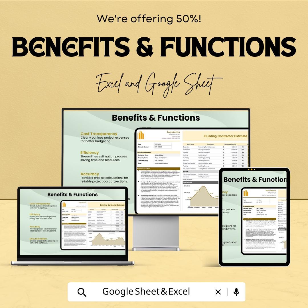 Building Contractor Estimate Sheet | Editable Excel & Google Sheet | Construction Budgeting Template | Project Cost Estimator