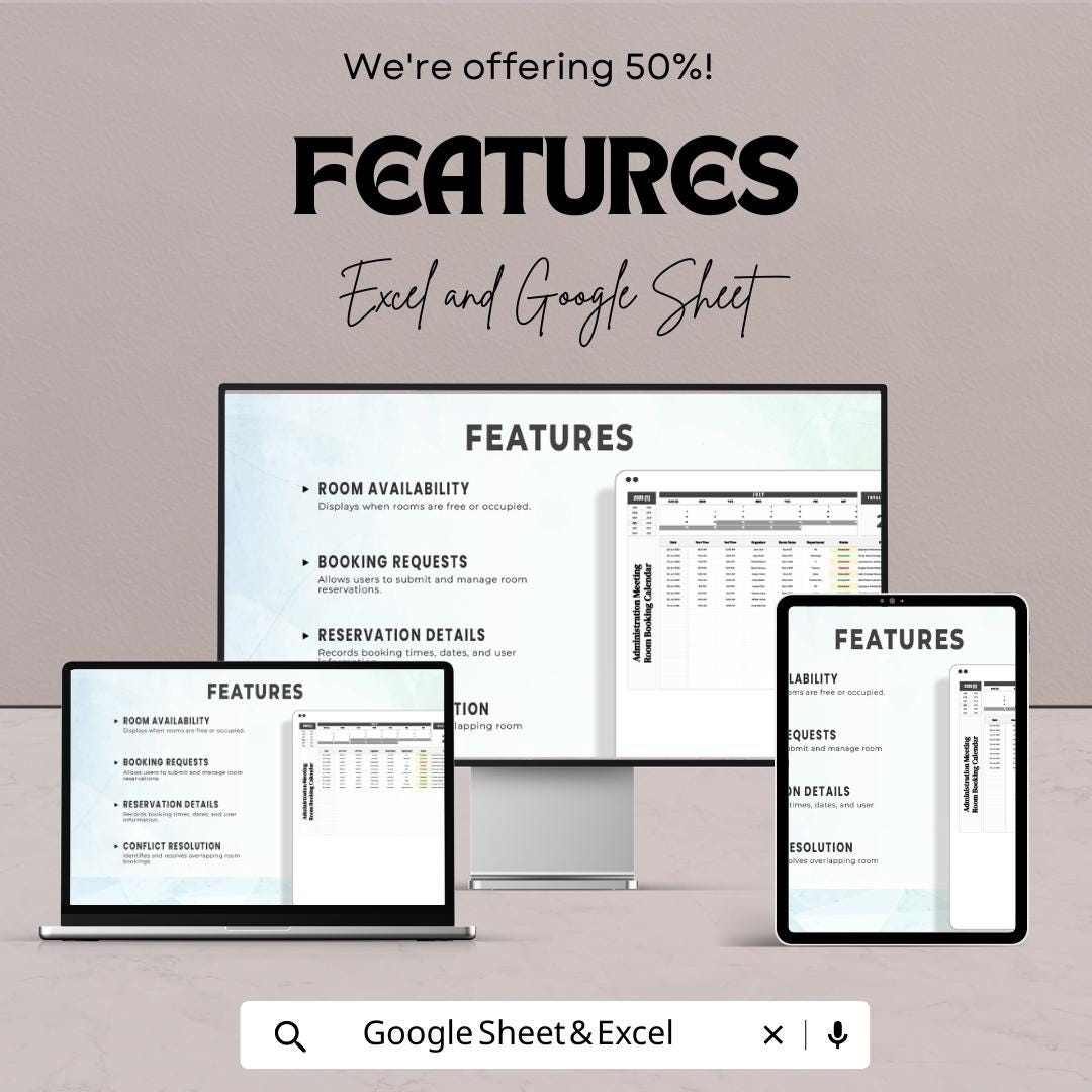 Administration Meeting Room Booking Calendar Template  | Conference Room Scheduler | Office Reservation Tracker | Meeting Planner