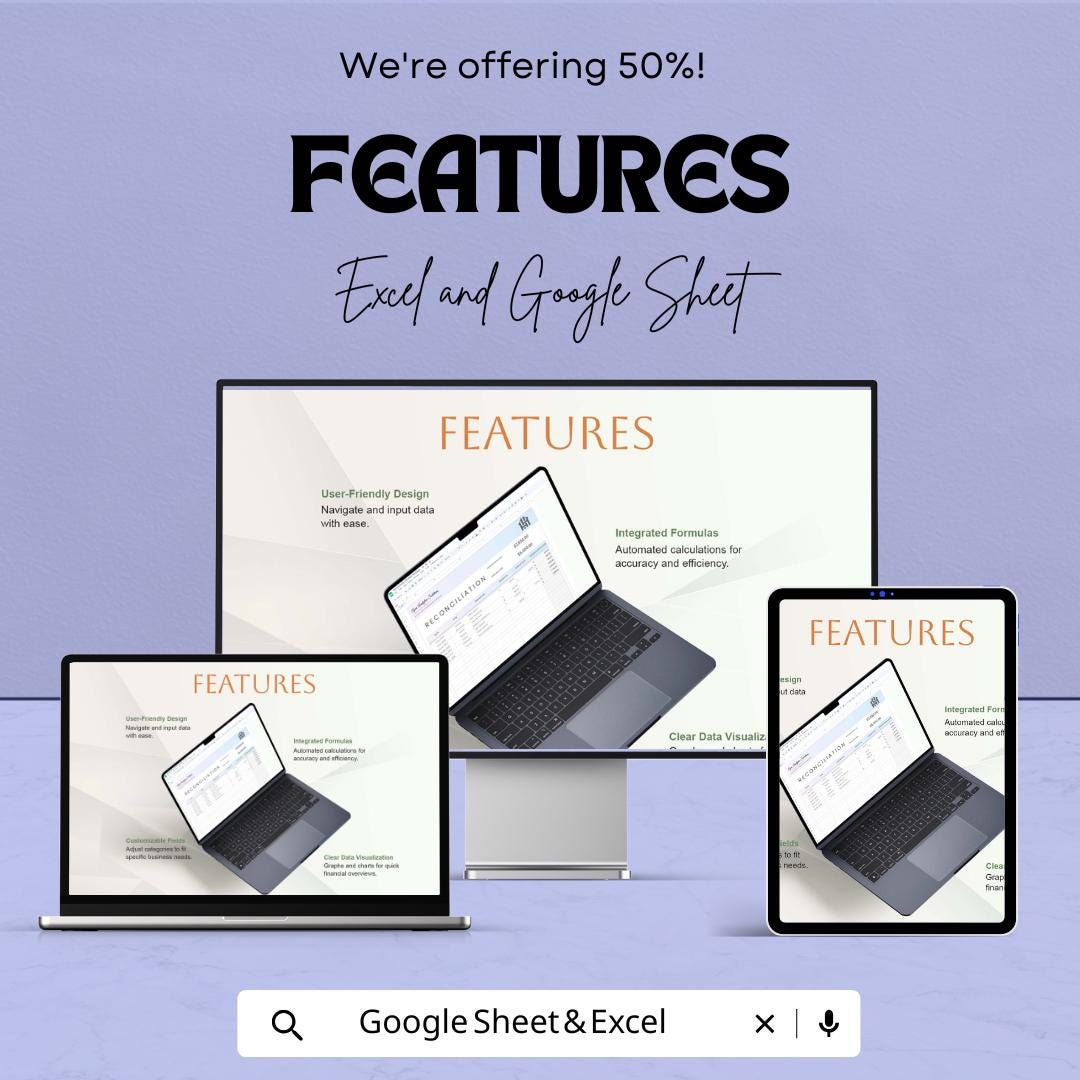 Reconciliation Template – Editable Excel and Google Sheet | Financial Reconciliation & Balance Tracking | Instant Download