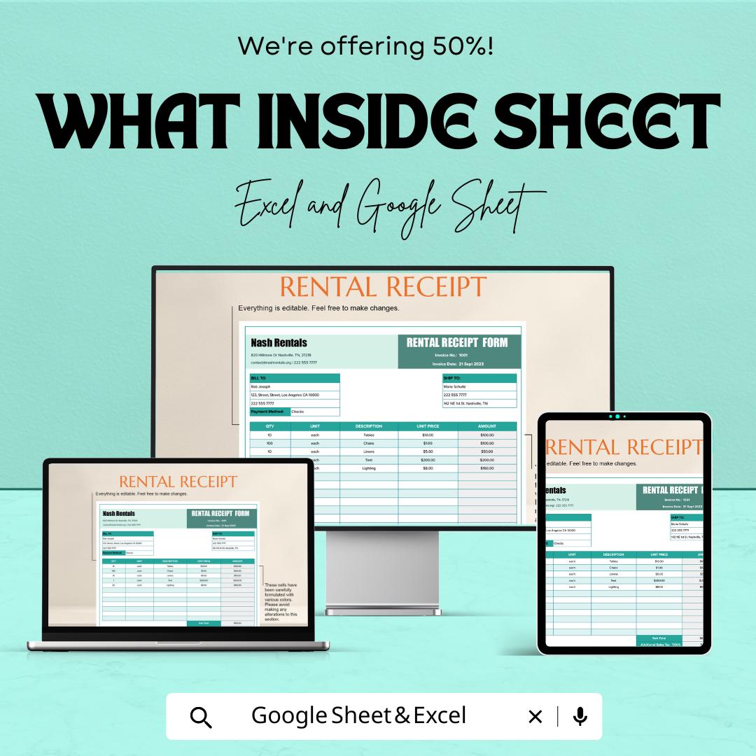 Rental Receipt Form Sheet | Excel & Google Sheets Template | Easy Rent Payment Tracking | Generate Rental Receipts Instantly