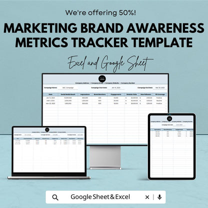 Marketing Brand Awareness Tracker, Campaign Metrics Spreadsheet, Social Media KPI Tracker, Marketing Dashboard