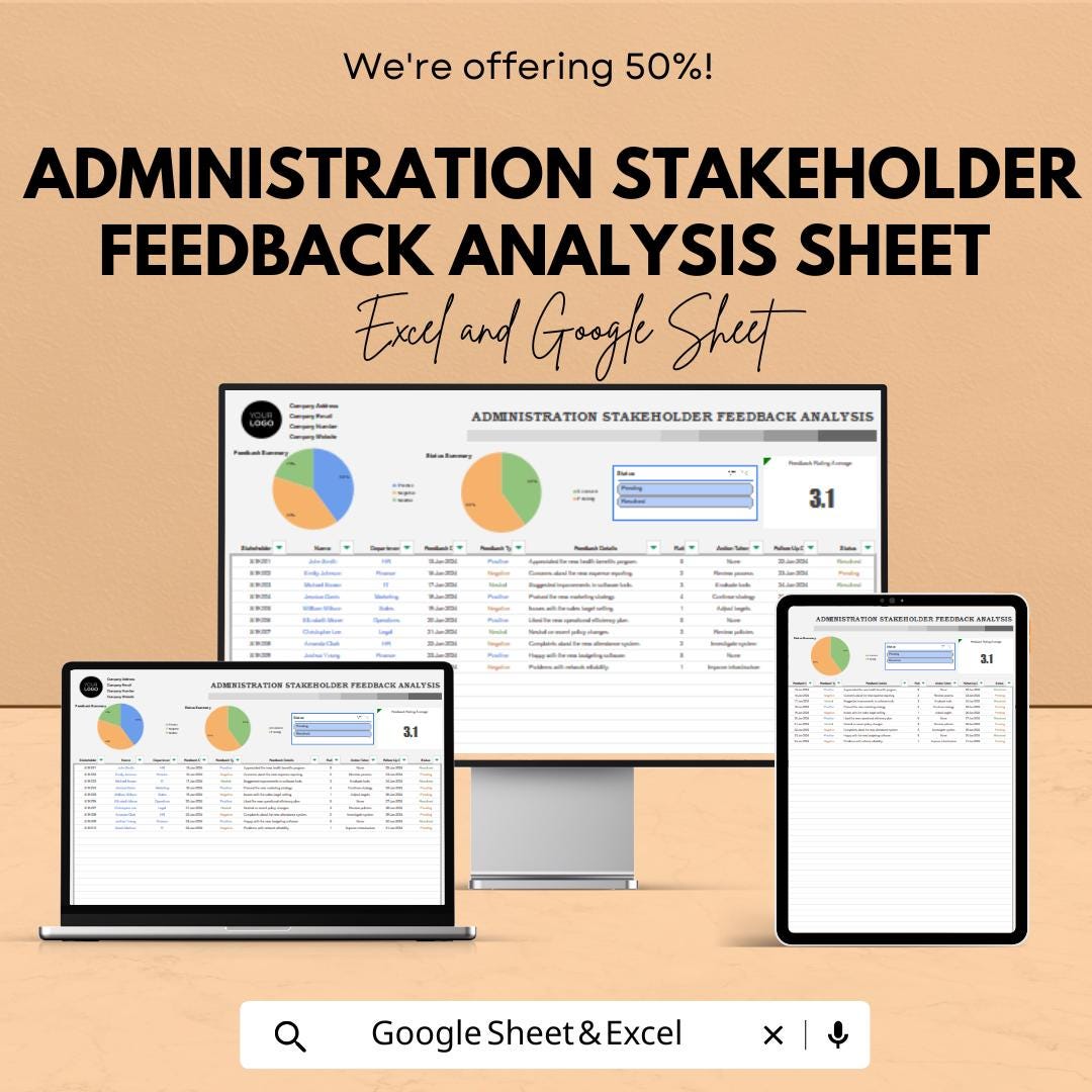 Administration Stakeholder Feedback Analysis Sheet - Google Sheets & Excel Template for Efficient Data Collection and Analysis