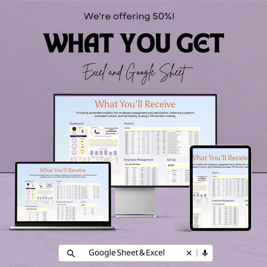 Employee Relationship Health Dashboard HR Template - Excel & Google Sheets, Track Employee Satisfaction, Engagement, HR Analytics