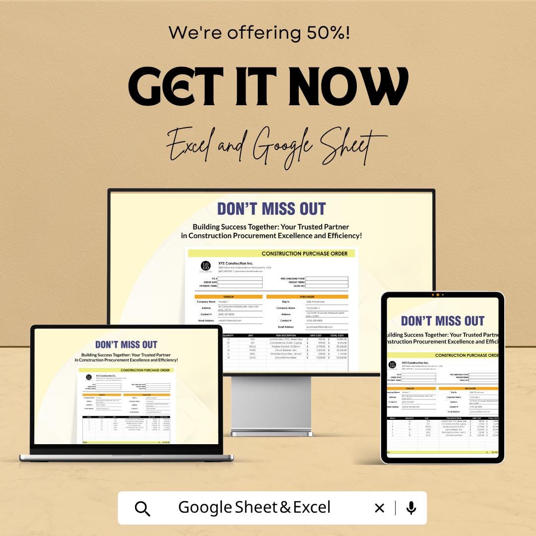 Construction Purchase Order Template Excel Google Sheets | Procurement Spreadsheet | Vendor Order Form | Contractor Purchase Tracker |