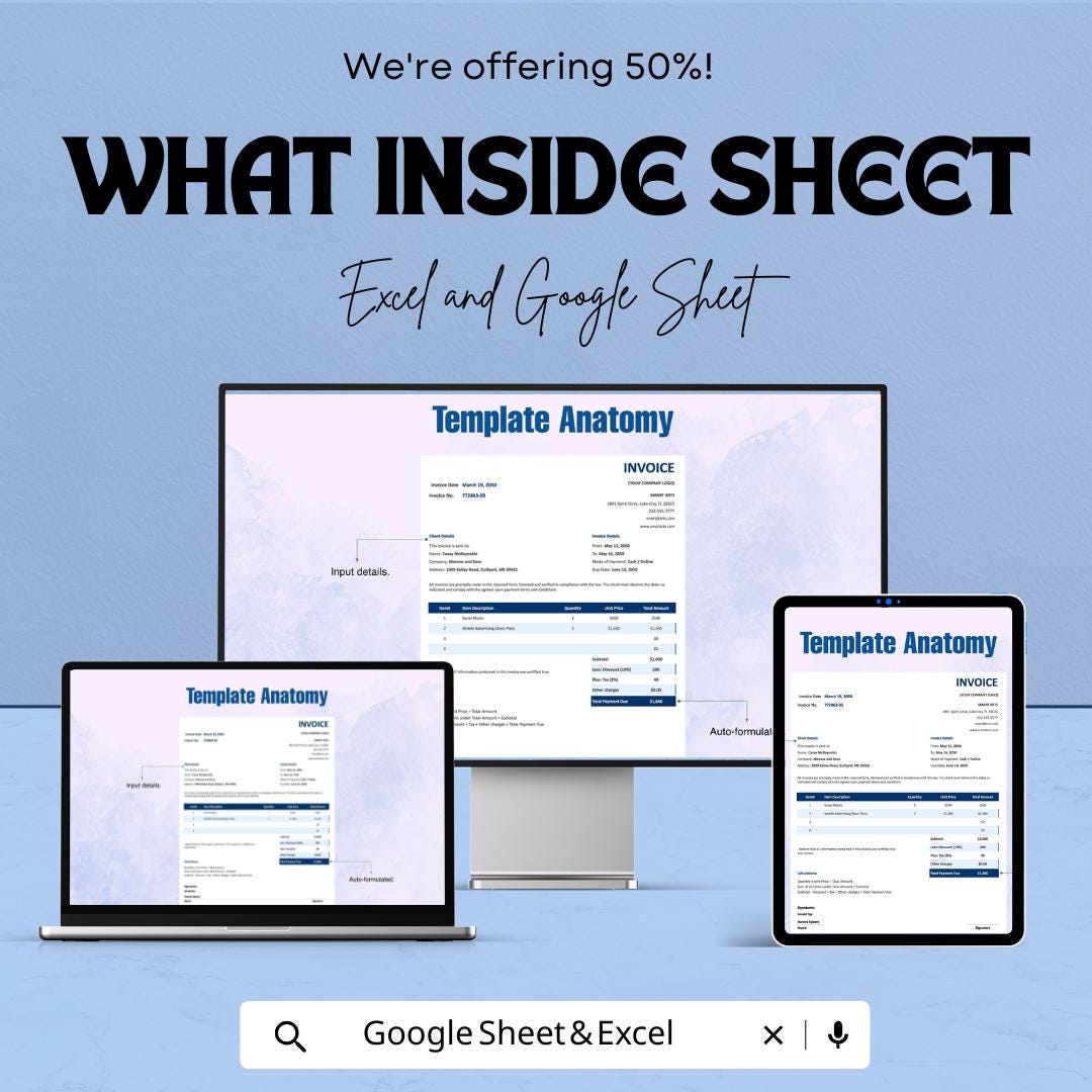Blank Agency Invoice Template - Customizable Excel & Google Sheets - Easy-to-Use Professional Invoice