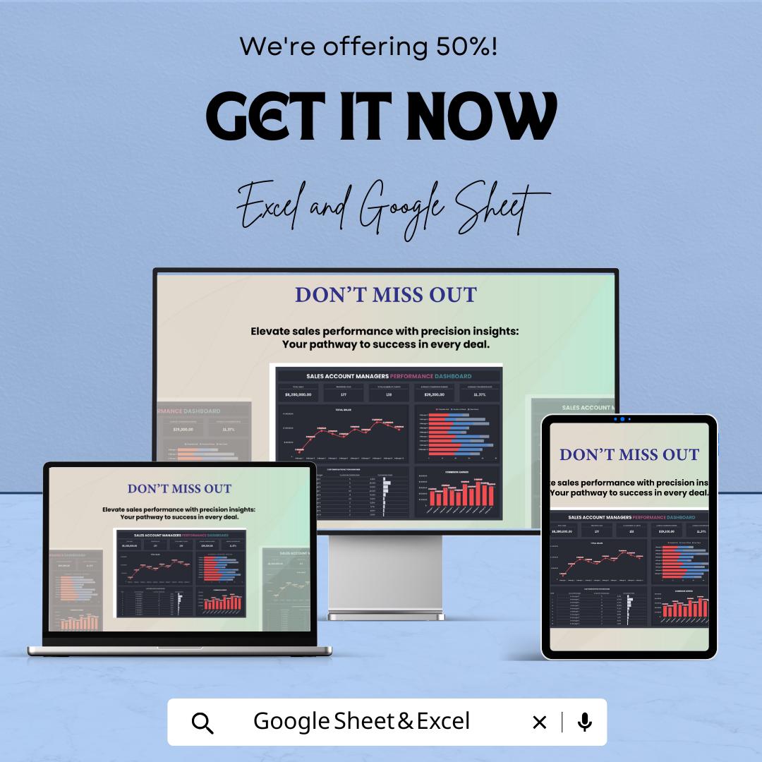Sales Account Managers Dashboard | Sales Performance Tracker | Excel & Google Sheets | Account Metrics Report | Sales Analytics Template