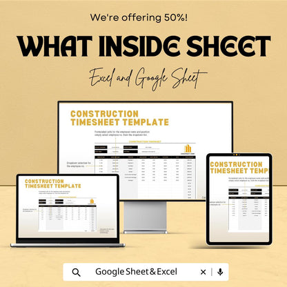 Construction Timesheet Template | Excel & Google Sheet | Track Hours, Crew, Costs | Project Management Spreadsheet