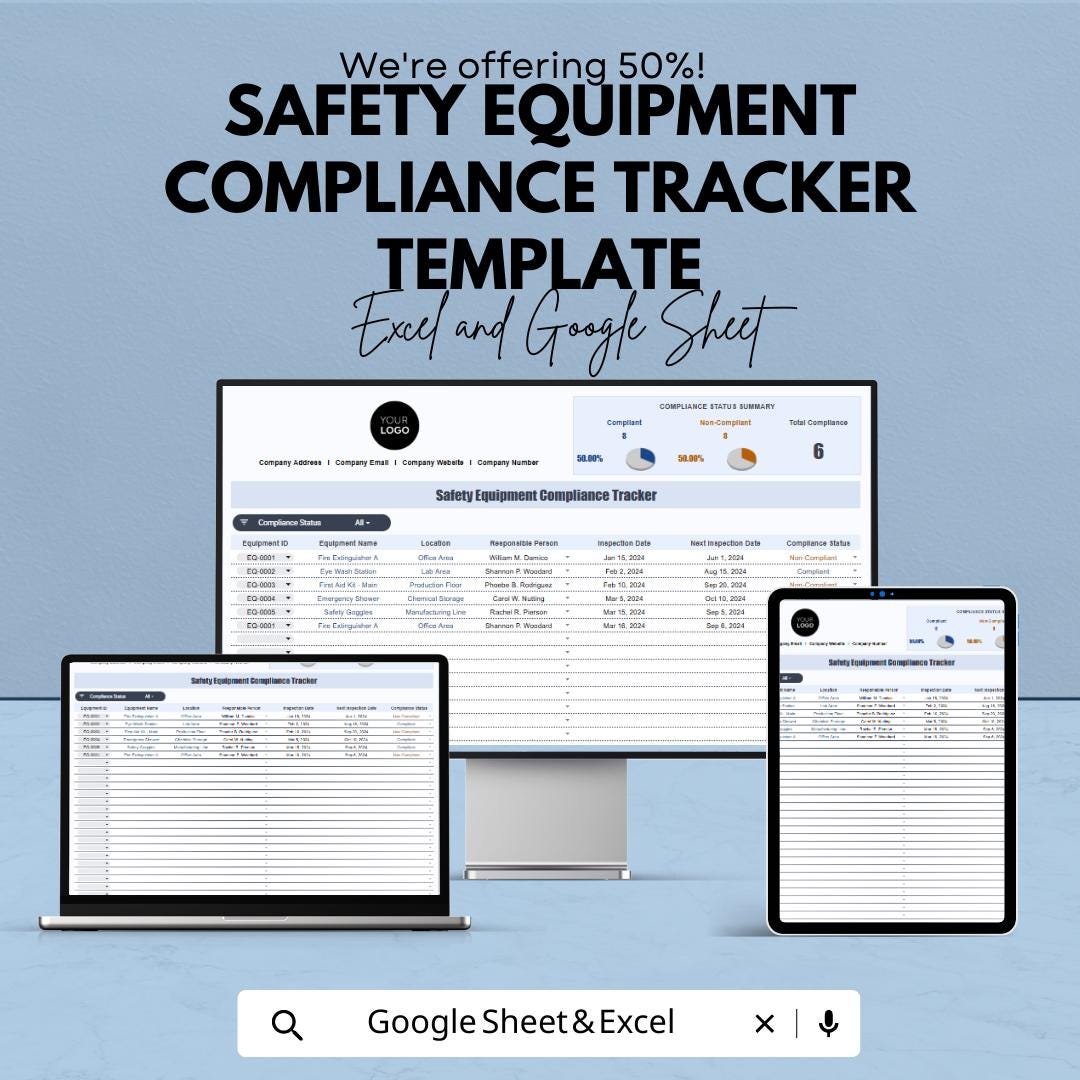 Safety Equipment Compliance Tracker Template, OSHA Safety Log, Inspection Tracker, Equipment Register