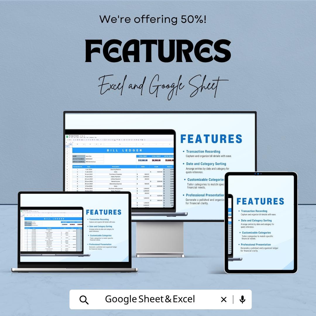 Bill Ledger Template | Expense Tracker Spreadsheet | Financial Record Keeper | Excel & Google Sheets Budget Template | Accounting Ledger