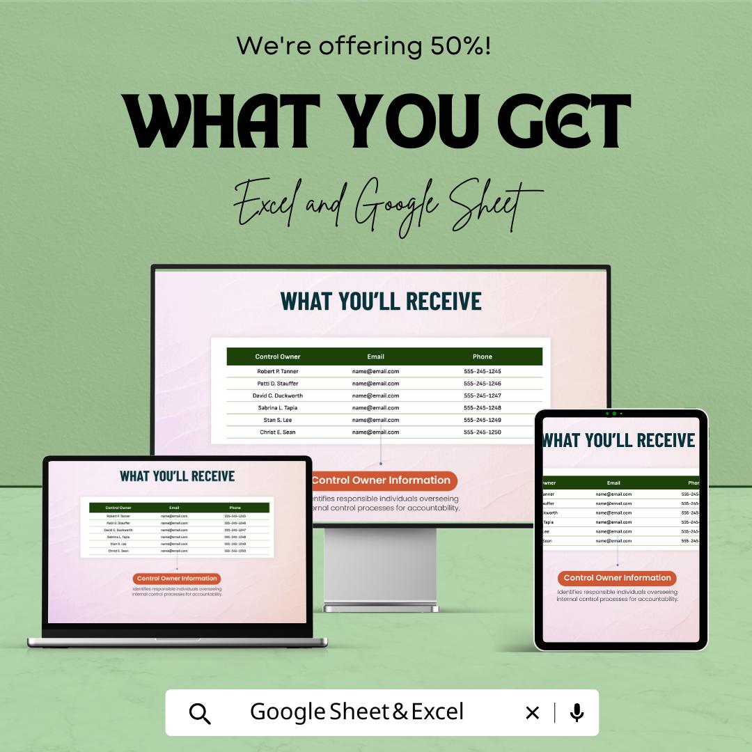 Finance Internal Control Tracking Template, Internal Control Log, Audit Control Tracker, Compliance Spreadsheet, Excel Google Sheets