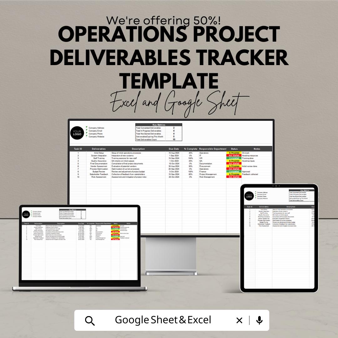 Operations Project Deliverables Tracker Template | Project Management Log | Task and Milestone Tracker | Excel & Google Sheets